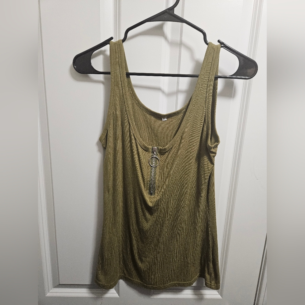 Olive Green Sleeveless Top with Zipper Detail